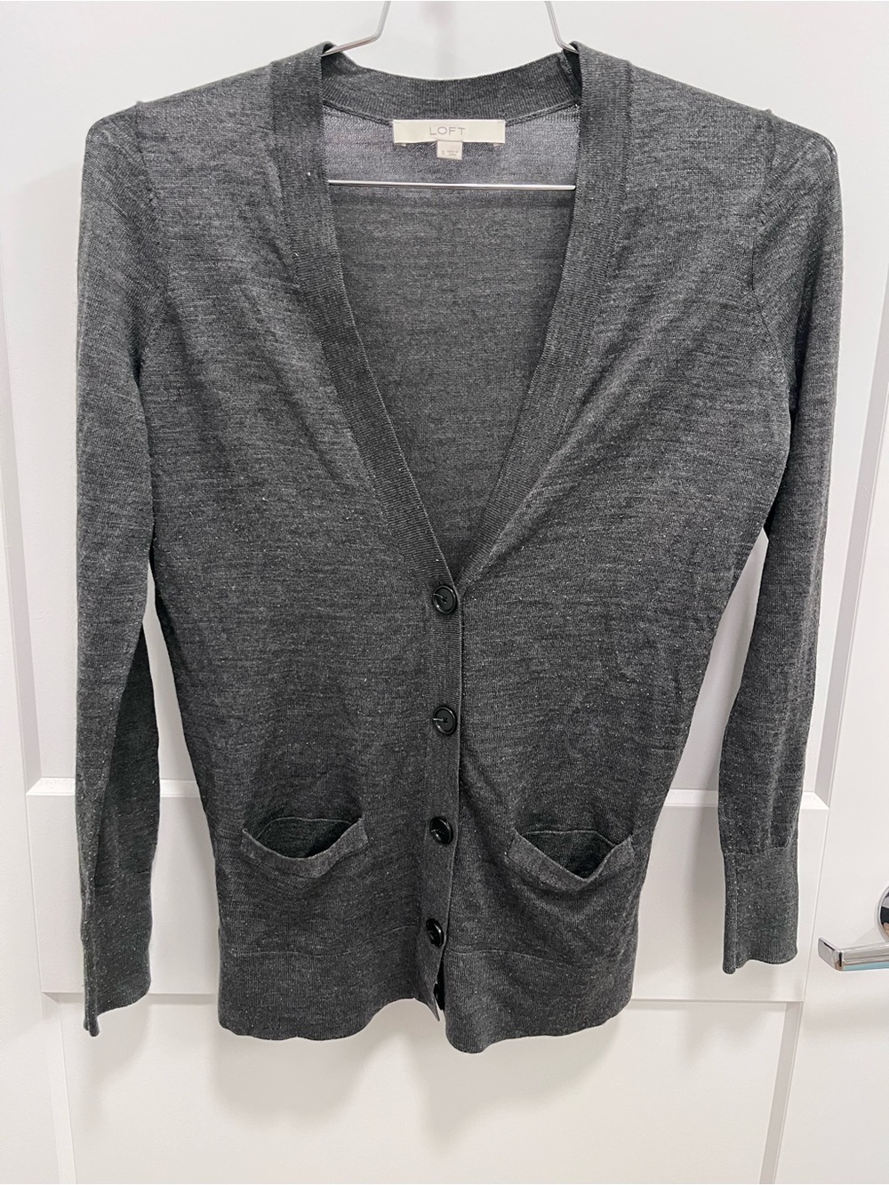 LOFT Charcoal Gray V-Neck Button Cardigan